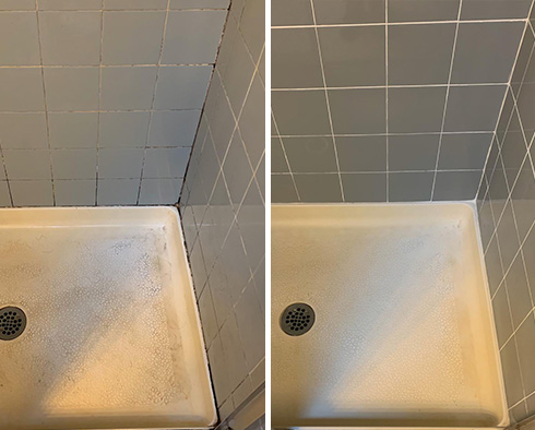 Shower Floor Before and After Our Hasbrouck Heights Grout Cleaning Service