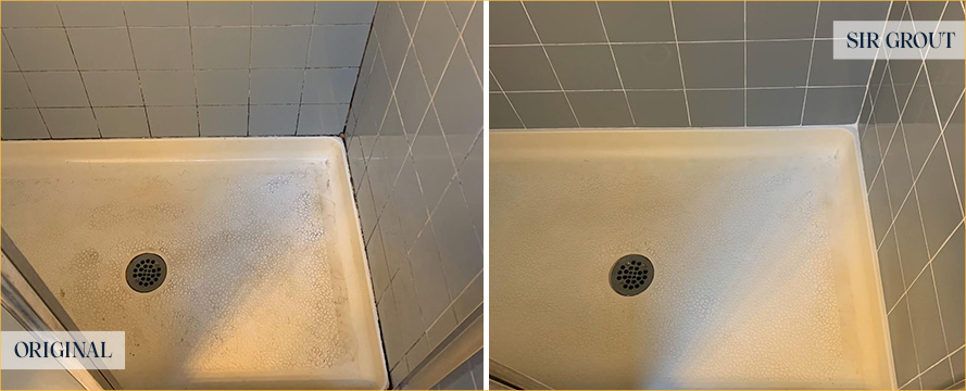 Shower Floor Before and After Our Hasbrouck Heights Grout Cleaning Service