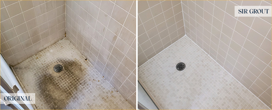 Shower Stall Before and After a Service from Our Tile and Grout Cleaners in Wayne