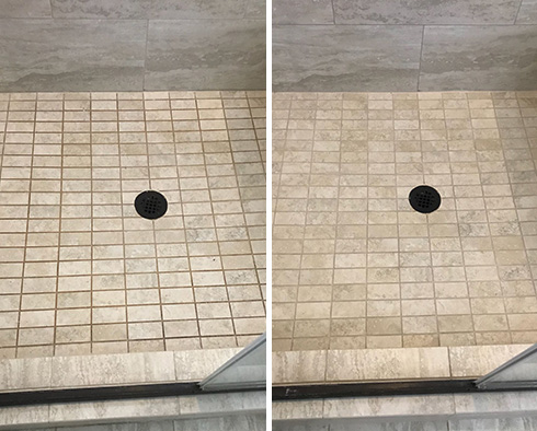 Shower Floor Before and After a Grout Sealing in Morristown