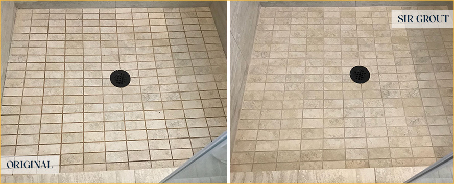 Shower Floor Before and After a Grout Sealing in Morristown