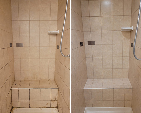 Shower Before and After Our Ridgewood Grout Cleaning Service