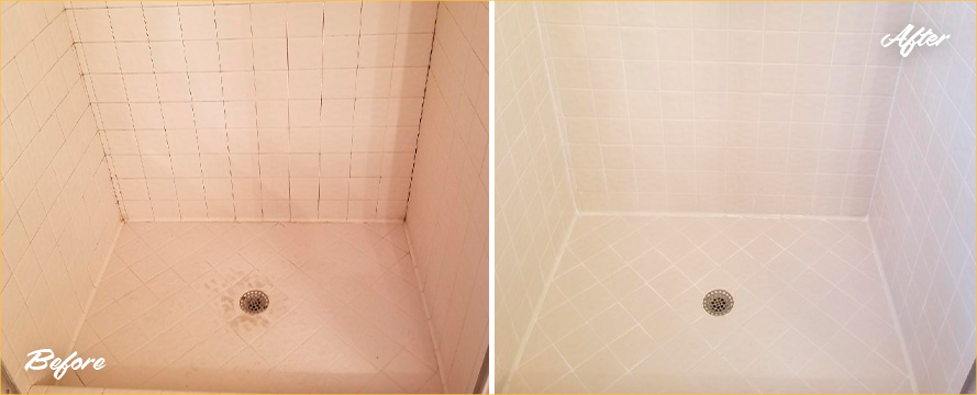 Before and After Picture of a Tile Shower Grout Cleaning Service in Franklin Lakes, New Jersey