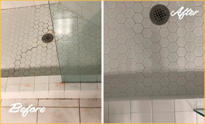 efore and After of a Ceramic Tile Shower Floor After Our Tile and Grout Cleaners Service in New City, NJ
