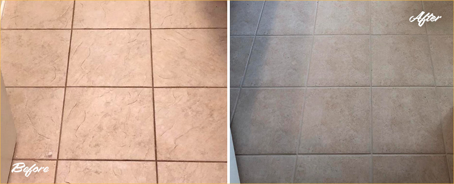 Before and After Picture of a Bathroom Floor After Our Tile and Grout Cleaners Service in Morristown, NJ