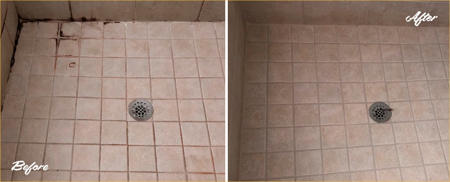 Before and After Picture of a Shower Floor After Our Tile and Grout Cleaners Service in Morristown, NJ