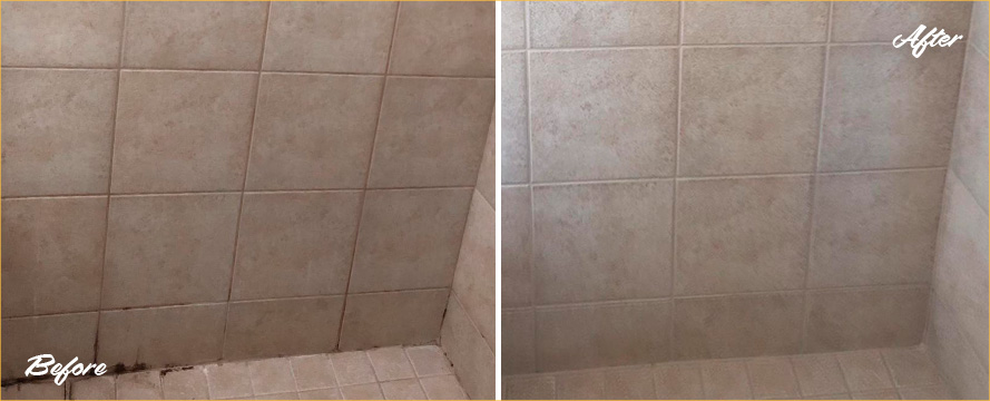 and After Picture of a Shower Floor After Our Tile and Grout Cleaners Service in Morristown, NJ