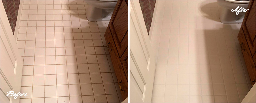 Before and after Picture of This Bathroom Floor after a Grout Cleaning Job in Englewood Cliffs, NJ