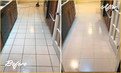 Before and After Picture of This Kitchen Floor after a Tile and Grout Cleaning Job in Chatham, NJ