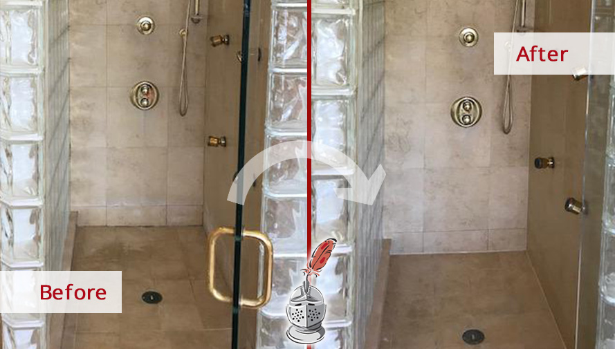 Before and after Picture of This Shower after a Stone Cleaning Job in Edgewater, NJ