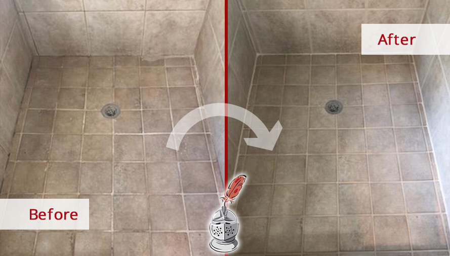 Picture of a Shower Floor Before and After a Grout Sealing Service in Ridgewood, NJ