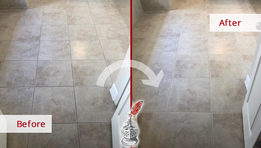 Bathroom Tile Floor Before and After a Grout Sealing Service in Ridgewood, NJ
