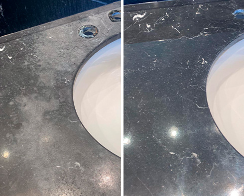 Before and After Picture of a Marble Countertop After a Stone Honing Service in Tenafly, NJ