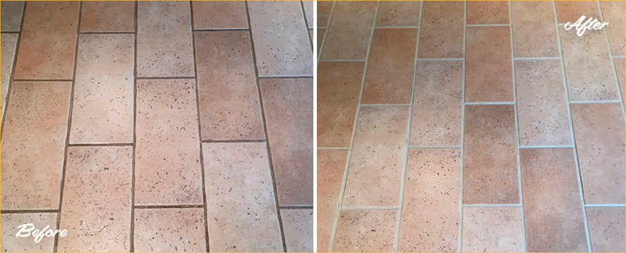Image of a Kitchen Floor Before and After a Superb Grout Cleaning in Fairview, NJ