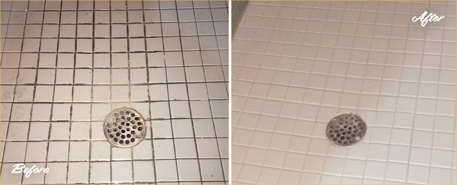 Picture of a Shower Before and After a Professional Grout Cleaning in Hawthorne, NJ