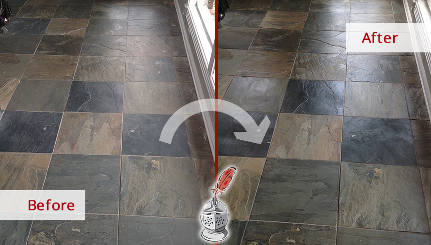 Before and After Slate Floor Stone Sealing in Paramus, NJ