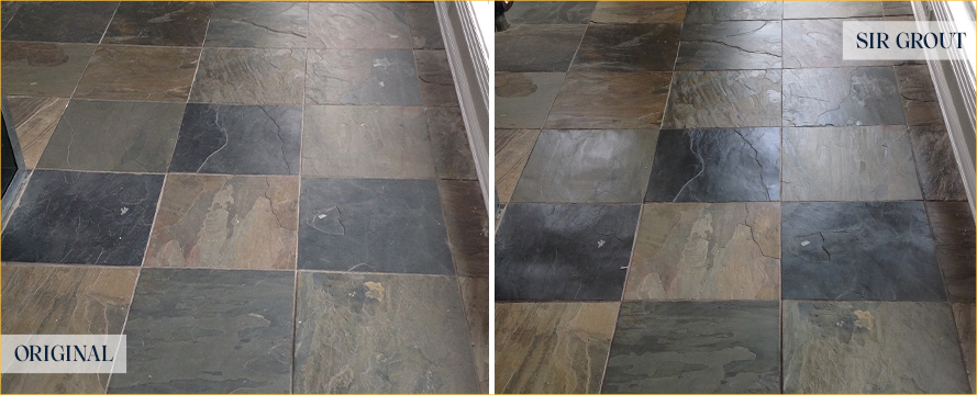 Before and After Slate Floor Stone Sealing in Paramus, NJ