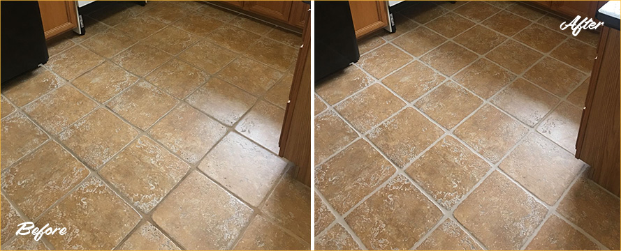 Ceramic Tile Floor Before and After a Grout Sealing in Livingston