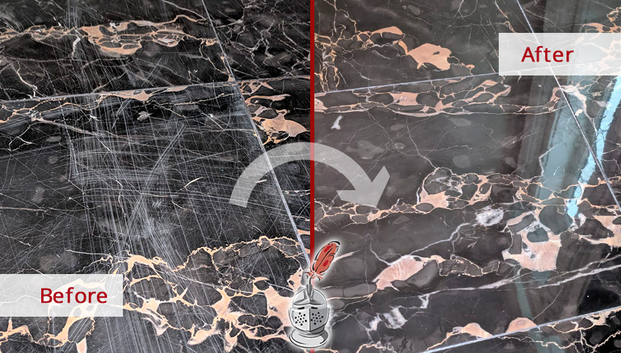 Black Marble Floor Before and After Our Orangeburg Stone Sealing Services