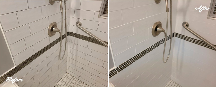 Shower Before and After Our Grout Sealing in Irvington, NJ