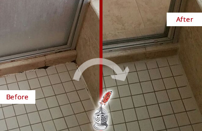 Before and After Picture of a Bathroom Caulking on the Floor Joints