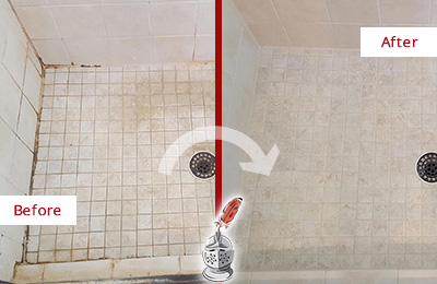 Picture of a Marble Shower Before and After a Tile Recaulking