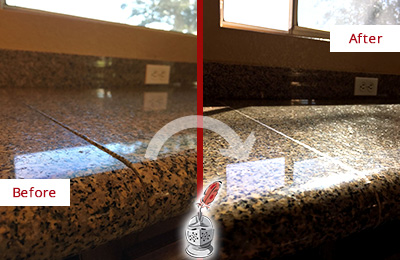 Before and After Picture of a Cleaned and Sealed Granite Countertop with Damaged Seam-line