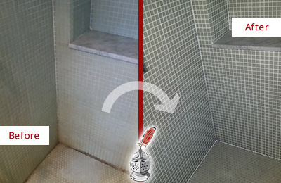 Before and After Picture of Bathroom Grout Cleaning and Sealing on a Shower with Mold and Mildew