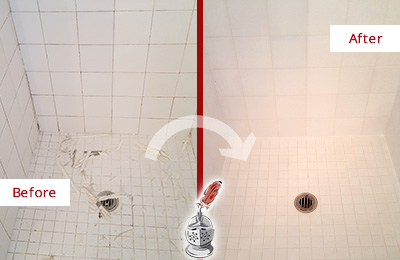 Before and After Picture of Grout Recaulking on a Shower