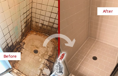 Sir Grout Removed the Mold and Mildew from this Shower with a Shower Caulking Service Before and After Picture of Shower Caulking on a Shower with Mold and Mildew