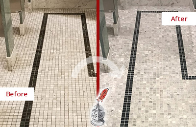 Sir Grout Northern New Jersey Stone Cleaning Services Can Help Repair the Look of this Grimy Hospital's Restroom Before and After Picture of a Hospital Travertine Bathroom Floor Stone Cleaning Service