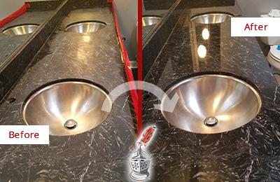 Sir Grout Northern New Jersey Stone Services Are Ideal for Enhancing Restrooms Marble Countertops and Keep Them Perfect All Year Round Picture of an Office Restroom's Marble Countertop Before and After Color Enhancement and Restoration