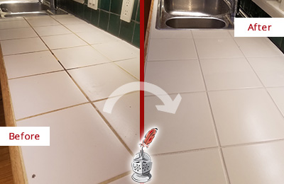 Sir Grout Sealed the Grout in This Kitchen Countertop to Repel Water and Grease Before and After of Grout Sealing on a Kitchen Countertop