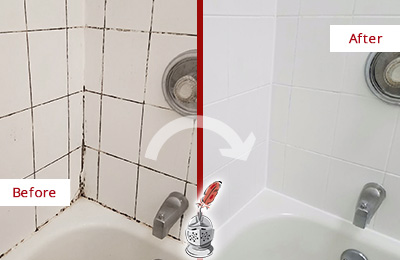 Before and After Picture of a Shower with Moldy Grout Lines Recolored and Sealed to Look Like New