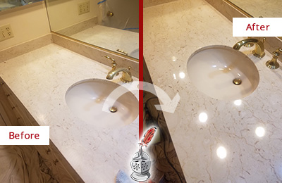 Before and After Picture of a  Bathroom Marble Countertop Sealed for Protection Against Spills