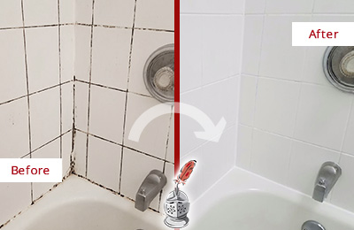 Sir Grout Cleans this Cranford Shower Tile and Grout to Eliminate Mold Before and After Picture of a Cranford Shower Tile and Grout Cleaned to Eliminate Mold