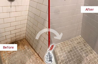 Before and After Picture of a Little Falls Shower Tile and Grout Cleaned to Eliminate Mold and Stains