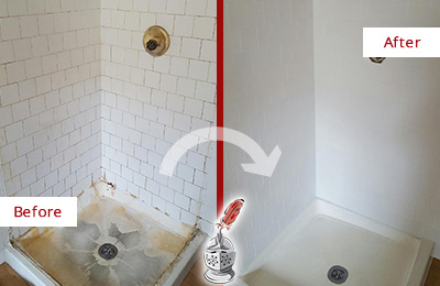 Sir Grout Cleans this Cranford Shower Tile and Grout to Remove Soap Scum Before and After Picture of a Cranford Shower Tile and Grout Cleaned to Remove Soap Scum
