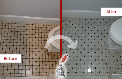 Before and After Picture of a Oradell Bathroom Tile and Grout Cleaned to Remove Stains