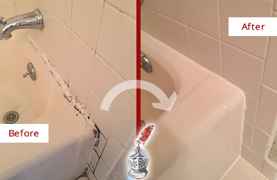 Before and After Picture of a Orange Bathroom Sink Caulked to Fix a DIY Proyect Gone Wrong