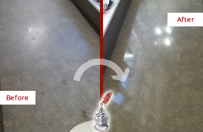 Before and After Picture of a Dull Old Tappan Limestone Countertop Polished to Recover Its Color