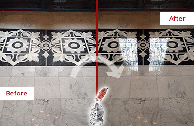 Sir Grout Polishes this Mount Arlington Marble Stone Floor to a Mirror Shine Before and After Picture of a Mount Arlington Marble Stone Floor Polished to a Mirror Shine