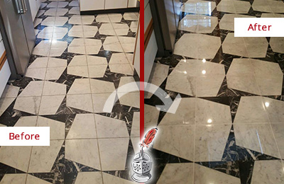 Sir Grout Polishes this Dull Mount Arlington Marble Stone Floor To Recover Its Luster Before and After Picture of a Dull Mount Arlington Marble Stone Floor Polished To Recover Its Luster