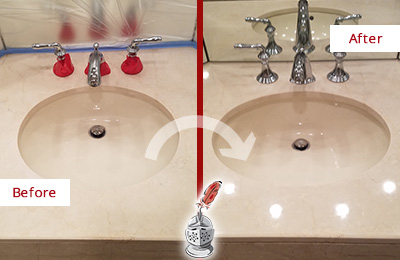 Sir Grout Polishes this Dull Mount Arlington Marble Stone Vanity Top to Bring-Back Its Sheen Before and After Picture of a Dull Mount Arlington Marble Stone Vanity Top Polished to Bring-Back Its Sheen