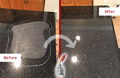 Before and After Picture of a Piermont Granite Stone Countertop Polished to Remove Scratches