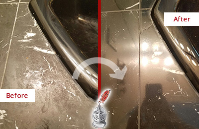 Before and After Picture of a Old Tappan Marble Countertop Cleaned to Remove Deep Dirt