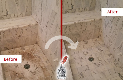 Sir Grout Cleans this Dirty Livingston Marble Shower to Eliminate Dark Stains Before and After Picture of a Dirty Livingston Marble Shower Cleaned to Eliminate Dark Stains