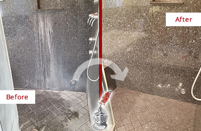 Sir Grout Cleans this Livingston Granite Shower to Remove Mineral Deposits Before and After Picture of a Livingston Granite Shower Cleaned to Remove Mineral Deposits