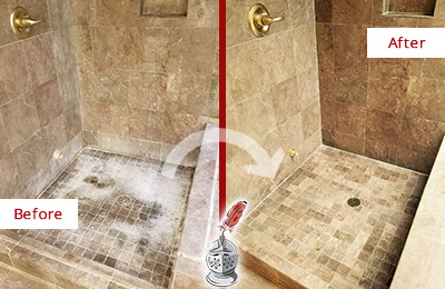 Sir Grout Cleans this Livingston Travertine Shower to Eliminate Water Spots Before and After Picture of a Livingston Travertine Shower Cleaned to Eliminate Water Spots