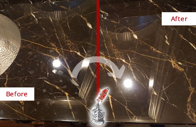 Sir Grout Cleans this Livingston Marble Countertop to Remove Water Spots Before and After Picture of a Livingston Marble Countertop Cleaned to Remove Water Spots